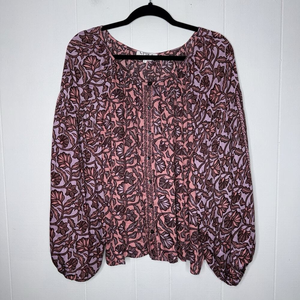 OMIKA India Women’s Floral Ballon Sleeve Peasant Top Pink Size Large